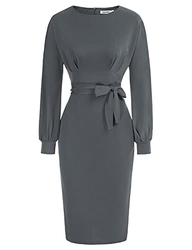 Dark Grey Long Sleeve Women's Bodycon Pencil Dress Office Wear To Work Dresses With Pocket Belt Jasambac