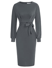 Dark Grey Long Sleeve Women's Bodycon Pencil Dress Office Wear To Work Dresses With Pocket Belt Jasambac