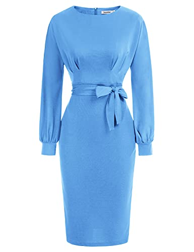 Sky Blue Long Sleeve Women's Bodycon Pencil Dress Office Wear To Work Dresses With Pocket Belt Jasambac