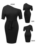 Elegant Womens Wear to Work Casual one Shoulder Belted Pencil Dress with Pockets | Women's Work Dresses
