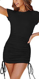 Women's Short Sleeve Summer Ruched Bodycon Mini Dress Side Drawstring Clubwear Casual Dresses