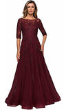 Women's Mother of The Bride Dresses Long Formal Gowns Evening Party Lace Appliques Tulle with Sleeves