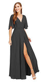 Women's V Neck Bridesmaid Dresses Chiffon A Line with Sleeves Split Long Formal Evening Party Gown