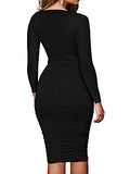 Women's Ruched Long Sleeve Elegant Bodycon Basic Casual Midi Dress