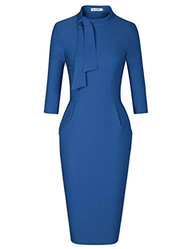 Navy Blue Women's Classic Vintage Tie Neck Formal Cocktail Dress With Pocket Muxxn | Women's Work Dresses