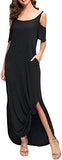 Women's Summer Casual Loose Long Dress Strapless Strap Cold Shoulder Short Sleeve Split Maxi Dresses with Pocket