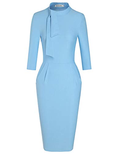 Airy Blue Women's Classic Vintage Tie Neck Formal Cocktail Dress With Pocket Muxxn | Women's Formal Dresses