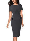 Grey Short Sleeve Womens Pleated Crew Neck Peplum Wear To Work Office Sheath Dress Vfshow