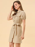 Women's Safari Dresses Summer Cotton Short Sleeve Belted Button Down Shirtdress
