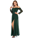 Women's Off Shoulder Long Sleeve Side Slit Maxi Sparkle Evening Party Dress  - Sara Clothes