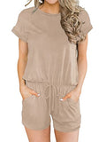 Khaki Summer Crewneck Casual Loose Short Sleeve Jumpsuit Rompers One Piece Pajamas Loungewear with Pockets - ANRABESS | Women's Romper & Jumper Suit