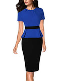 Royal Blue And Black Womens Pleated Crew Neck Peplum Wear To Work Office Sheath Dress Vfshow | Women's Work Dresses