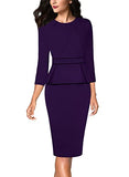 Purple With Black Piping Womens Pleated Crew Neck Peplum Wear To Work Office Sheath Dress Vfshow | Women's Work Dresses