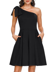 Black One Off Shoulder High Low A Line Wedding Guest Party Cocktail Dress - JASAMBAC