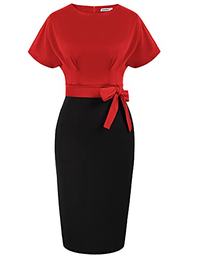 Black Red Women's Bodycon Pencil Dress Office Wear To Work Dresses With Pocket Belt Jasambac