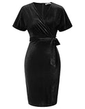 Black Velvet Women Formal Surplice Pleated V-Neck Belted Dresses Business Work Bodycon Dress - GRACE KARIN | Women's Formal Dresses