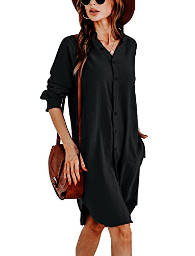 Cowasto Women's Sexy V Neck Long Sleeve Shirt Dress Oversized Button Down Blouse Dress with Pockets