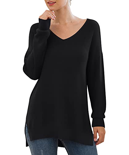 Women's V-Neck Long Sleeve Side Split Loose Casual Knit Pullover Sweater Blouse