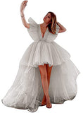 High Low Tulle Prom Dresses Deep V-Neck for Women Formal Ball Gown Puffy Tiered Cocktail Party Dress