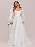 Women's A Line V Neck Floor-Length Off Shoulder Long Sleeves Puffy Tulle Wedding Dress for Bride  - Sara Clothes