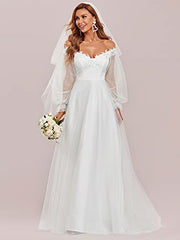 Women's A Line V Neck Floor-length Off Shoulder Long Sleeves Puffy Wedding Dress For Bride 90326