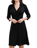 Women's 4-Mar Sleeve Lapel Collar V Neck Faux Wrap Fit Flare Casual Dress | Women's Work Dresses