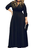 Women's Solid V-Neck 3/4 Sleeve Plus Size Evening Party Maxi Dress