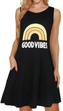 Black Good Vibes Summer Dresses for Women Beach Floral Tshirt Sundress Sleeveless Pockets Casual Loose Tank Dress - elescat | Women's Casual Dresses