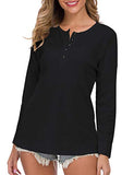 WNEEDU Women's Long Sleeve Waffle Knit Tunic Blouse Casual Button Up Henley Shirts Plain Tops Black M | Women's Sweaters