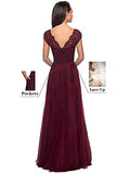 Women's Lace Cap Sleeve Mother Of The Bride Dresses Long A-line Formal Evening Gowns With Pockets | Women's Formal Dresses
