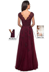 Women's Lace Cap Sleeve Mother Of The Bride Dresses Long A-line Formal Evening Gowns With Pockets