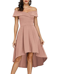 Pink Off Shoulder High Low A Line Wedding Guest Party Cocktail Dress - JASAMBAC