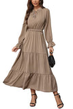 KIRUNDO Women's Long Sleeve Crew Neck Maxi Dress Solid Color Tie Neck Casual High Waist Ruffle Hem Boho Flowy Long Dress