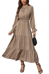 Women's Long Sleeve Crew Neck Maxi Dress Solid Color Tie Neck Casual High Waist Ruffle Hem Boho Flowy Long Dress