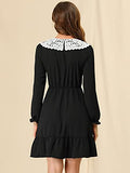 Women's Vintage Ruffle Hem Dresses A-Line Lace Panel Peter Pan Collar Dress