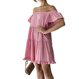 Women Casual Off Shoulder Short Sundress Short Sleeve Ruffle Mini A-line Dress with Pockets | Original Brand