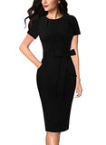 Blacktie Waist Womens Pleated Crew Neck Peplum Wear To Work Office Sheath Dress Vfshow | Women's Work Dresses