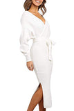 Women's V Neck Sweater Wrap Dress Batwing Long Sleeve Dress Backless Bodycon Maxi Dress with Belt