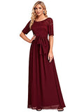 Women Lace Illusion Short Sleeve Chiffon Wedding Party Dress 7624 | Women's Formal Dresses