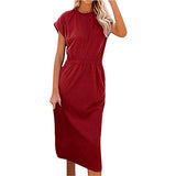 Ladies O-Neck Mid-Caif Short-Sleeved Slim-Fit Split Pocket Bottoming Dress Bodycon Dress Office Wear for Casual Club Cocktail Evening Gowns Work UK Size 8-26 | Women's Work Dresses