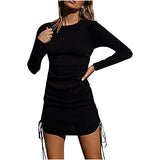 Women Dresses Sale Clearance Party Elegant Laides Sexy Casual Shrring Solid Dress O-Neck Long Sleeve Mini Dress UK Size Work Casual Dress