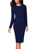 Navy Blue Long Sleeve Womens Pleated Crew Neck Peplum Wear To Work Office Sheath Dress Vfshow | Women's Work Dresses