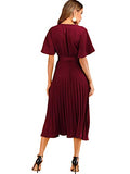 Women's Elegant Belted Pleated Flounce Sleeve Long Dress