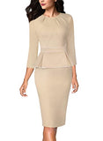 Beige With White Piping Womens Pleated Crew Neck Peplum Wear To Work Office Sheath Dress Vfshow