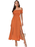Burnt Orange Women's Boho Floral Print Off Shoulder Split Long A Line Dress - Floerns | Women's Formal Dresses
