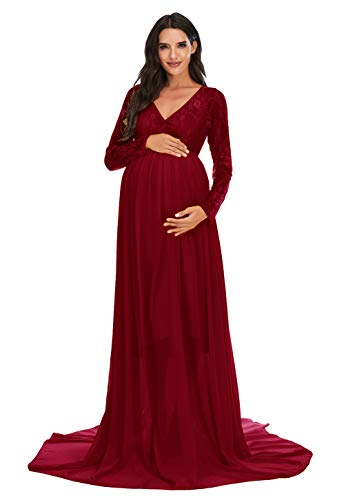 V Neck Chiffon Photography Gown Long Sleeve Lace Stitching Maxi Dress For Baby Shower