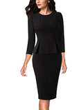 Black Sleeve Womens Pleated Crew Neck Peplum Wear To Work Office Sheath Dress Vfshow | Women's Work Dresses