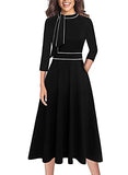 Black Plus White Piping Tie Neck Womens Elegant Front Zipper Slim Work Business Office Party Cocktail A-line Dress Vfshow | Women's Work Dresses