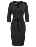 Women Retro 4-Mar Sleeve Work Office Business Pencil Dress with Belt | Women's Work Dresses