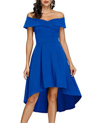 Royal Blue Women's Off Shoulder High Low A Line Wedding Guest Party Cocktail Dress - JASAMBAC